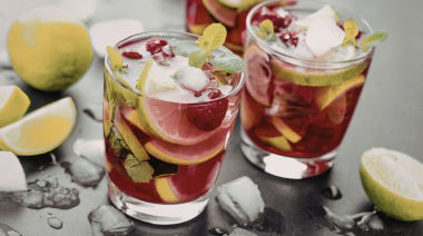 pomegranate mocktails including citrus mint cooler, chia refresher, green tea fizz, and mango pomegranate splash